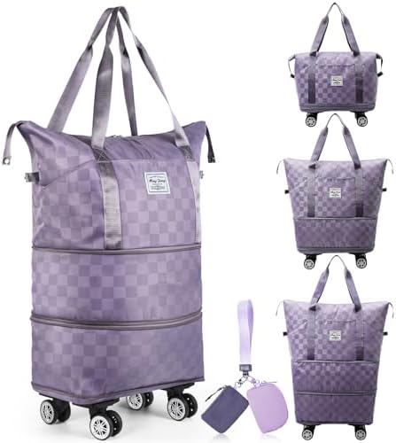 Foldable Travel Duffel Bag, Expandable Rolling Duffle Bag with Dual Pouch Wristlet Wallets Sports Tote Gym Bag Rolling Luggage Bag Carry on Duffel Bag for Women and Men Travel Suit Weekend