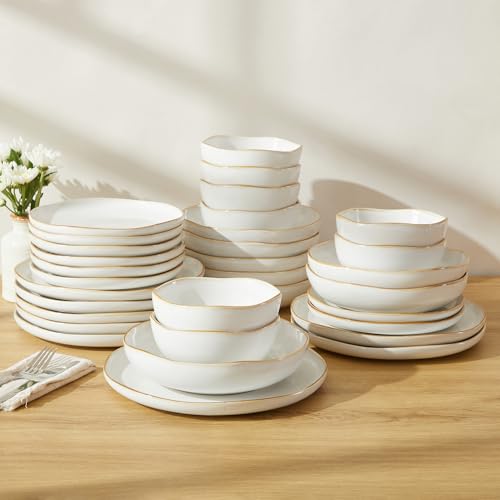 Image of Pokini 32 Piece White Dinnerware Set with Pasta Bowls, Reactive Glaze Stoneware for 8 | Perfect for Multi‑Course Dinners, Hosting Large Groups, Holiday Serving Needs