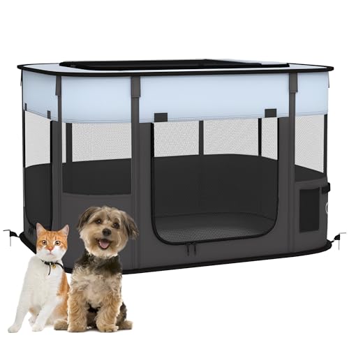 PawHut Box per Animali Domestici con 7 Finestre, 3 Porte e 2 Borse Portaoggetti, Recinto per Cani in Tessuto Oxford e Acciaio, 84x64x53 cm, Grigio Blu Nero