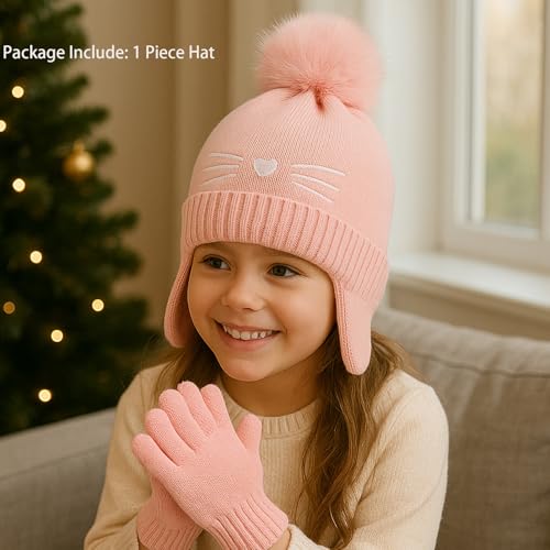 Image of Kids Beanie with Ear Flaps for Boys Girls Cat Knit Hats Fleece Lining Winter Outdoor Skull Snow Ski Cap Age 2-10