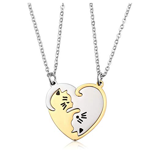 PiercingJak 2PCS Bijoux Colliers Pendentif Puzzle Coeur Separable Detachable Chat Acier Inoxydable Amitié Amoureux Couple avec 2 Chaînes Cadeau Couple...