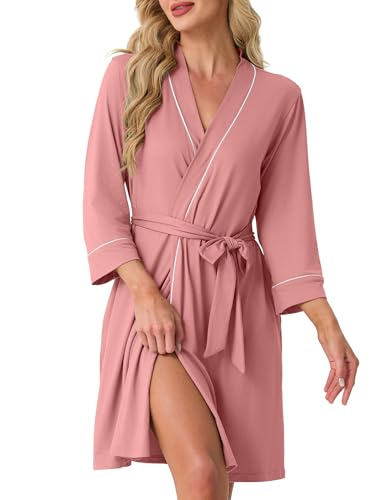 Image of PrinStory Womens Robe Knee Length Soft Knit Bathrobe S-2XL | V-Neck 3 /4 Sleeve Robes with Pockets, Lightweight, Breathable Bath Robe for Shower, Spa, Travel, Home, Party, Nursing