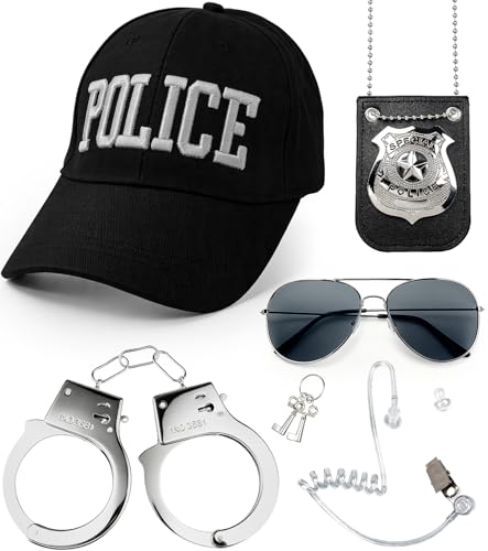 XUECHEN Police Costume Accessories Set, Adjustable Cop Hat with Badge, Sunglasses, Handcuff Props...