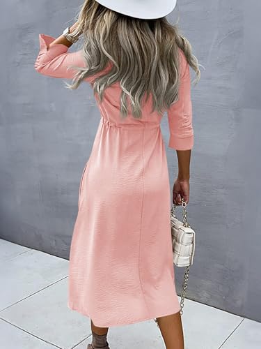 Image of Febriajuce Women's 3 /4 Sleeve Midi Dress Casual Drawstring Belted Round Neck Plain Tie Waist Loose High Waist Long Dress