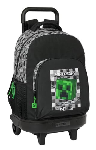 Safta Minecraft - Mochila Grande con Ruedas, Compacta, Extraíble, Ideal para Niños de Diferentes Edades, Cómoda y Versátil, Calidad y Resistencia, 33x22x45 cm, Color Negro/Gris/Verde