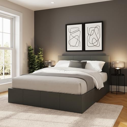 GFW Classic Side Lift Small Double Grey Faux Leather Ottoman Bed Storage Bed with Hydraulic Lift and Stitched Headboard