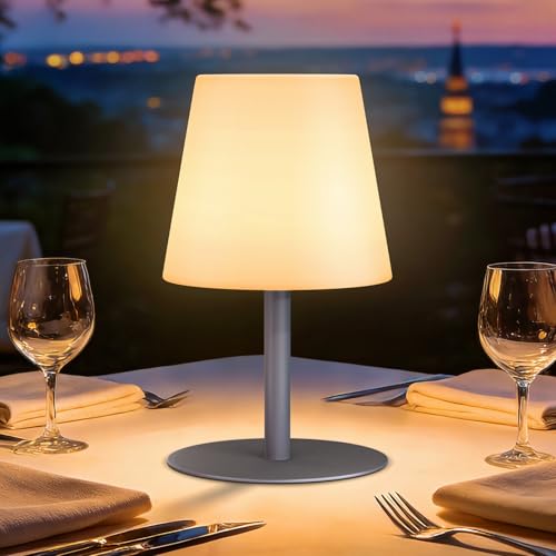 GGNOO LED Akku Tischlampe Kabellos Tragbare - 8-20H Akkulaufzeit, IP44 Wetterfest, Für Outdoor Indoor Garten Camping (Grau)