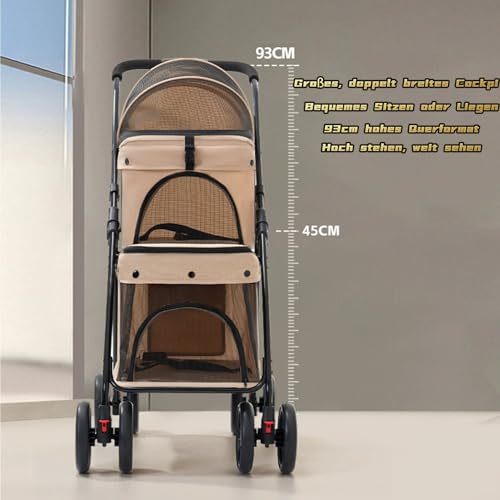 Faltbarer Hundewagen 2 Etagen, Haustiere Buggy Kann 24 kg Tragen, Hundebuggy mit Netzfenstern Sicherheitsgurt 4 Räder, Faltbar klappbar Katzenbuggy für 2 Kleine Hunde Katzen (Braun)
