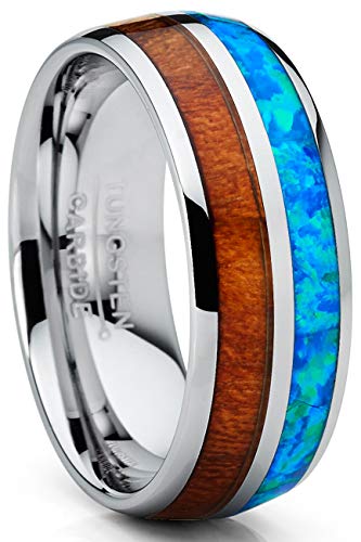 Metal Masters CO. Men's Tungsten Carbide Wedding Band Ring Blue Simulated Opal Real Koa Wood Inlay Comfort-Fit 8MM