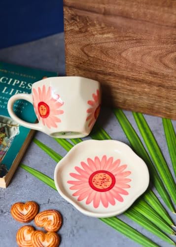 Image of WEAVING HOMES Handcrafted CeramicFlower Mug & Dessert Plate (Set of 2, Multicolor) - Coffee Mugs and Dessert Plates for Birthday Gifts, Mugs for Office and Travel
