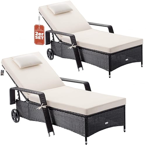 Casaria® Sonnenliege 2er Set mit Rollen 7cm Auflage Extra Breit 90cm Gartenliege Wetterfest 165kg Belastbar Terrasse Balkonmöbel Liegestuhl Schwarz Creme