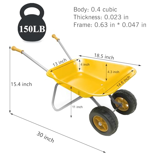 Image of Kids Gardening Tool Set Wheelbarrow 2 Wheel Metal Wheelbarrow Toys (Yellow) | Children Toddler Wheelbarrow Birthday Gift for Kid Wheel Barrow All Seasons Digging Weed,Sand,Sweeping Leaves,Snow