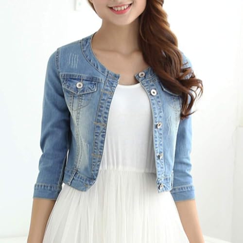 Women's Short Denim Jacket Round Neck Denim Three Quarter Sleeves Light Blue Jacket4