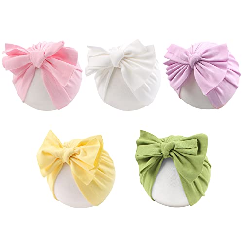 Image of Baby Girl Turban Newborn Beanies Hat 5 Pieces Cotton Infant Girls Headwraps Toddler Kids Hats 0-3 Years