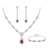 EVER FAITH Wedding Cubic Zirconia Jewelry Set Stunning Teardrop July Birthstone Necklace Bracelet Earrings Sets for Women Ruby Red Silver-Tone