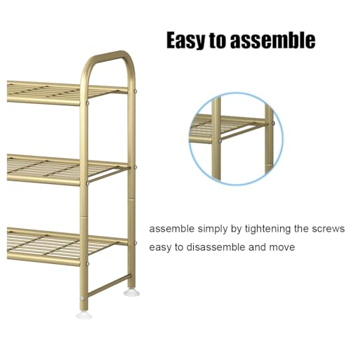 Image of LINZINAR Shoe Rack Long 3 Tier Shoe Storage Organizer Metal Wide Shoe Shelf for Closet Entryway Bedroom 24 Paris Large Capacity, Gold