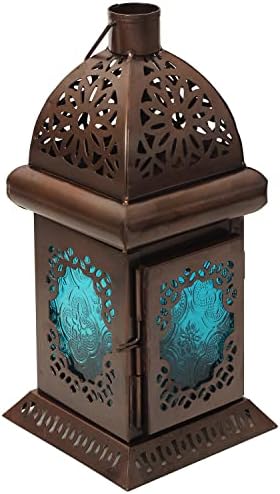 ETROVES 9 Inch Moroccan Lantern Decorative Hanging and Tabletop Metal Tealight Candle Holder Home Decor Blue Glass