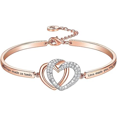 Aihitero Christmas Sister in Law Gift, Engraved ‘Marriage Made Us Family Love Made You My Sister’ Heart Bangle Bracelet, Rose Gold Wedding Jewelry Birthday Anniversary Xmas Present for Women and Girls Cover