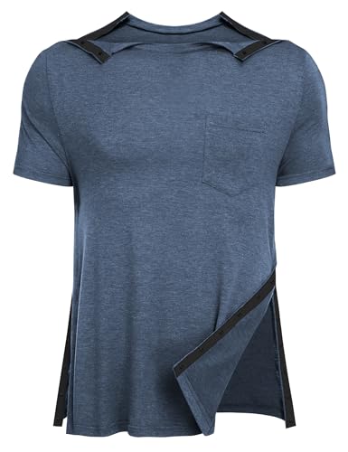 URRU Men's Post Shoulder Surgery Shirts Recovery Full Tear Away Short Sleeve Snap Chemo Shirts for Port Access