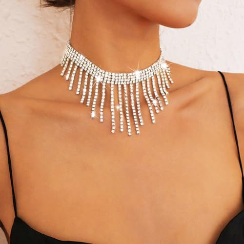 Sixexey Rhinestone Choker Necklaces Silver Neck Chain Sparkly Tassel Necklace Dainty Party Prom Necklace Jewelry for Women3