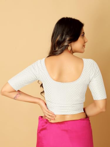 Image of Amazon Brand - Anarva Round Neck Dobby Cotton Lycra Stretchable Elbow Half Sleeve Readymade Saree Blouse for Women Stylish