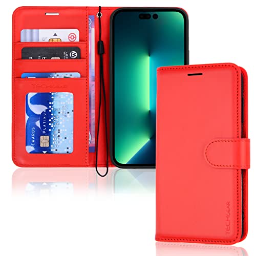 TECHGEAR Etui iPhone iPhone 14 Pro Max Portefeuille - Housse en Cuir avec Rabat de Protection, Fentes pour Cartes, Béquille et Dragonne, Cuir PU Rouge Compatible avec iPhone 14 Pro Max 6.7"
