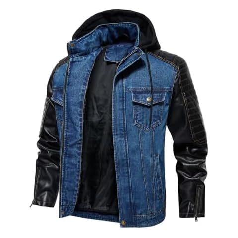 INVACHI Men’s Hooded Denim Trucker Jacket with Faux Leather Patchwork Vintage Casual Jean Wash Biker Coat Cover
