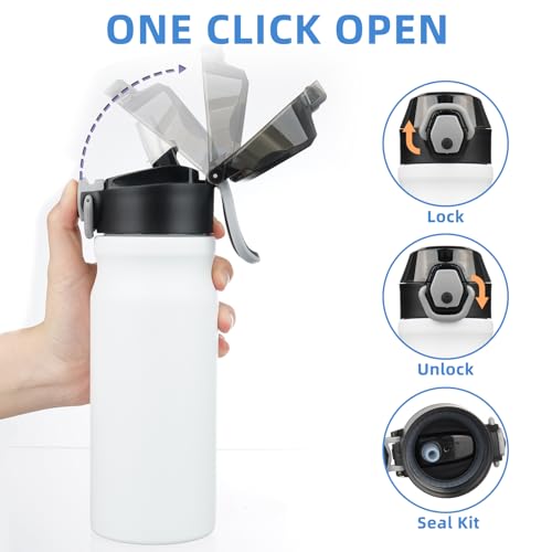 Image of BJPKPK 18 oz Water Bottle with Straw & Handle, Insulated Stainless Flask | Leak Proof Locking Lid, Thermal, Double Wall Vacuum, Keeps Hot /Cold, BPA Free, Dishwasher Safe, Travel & Sports, White