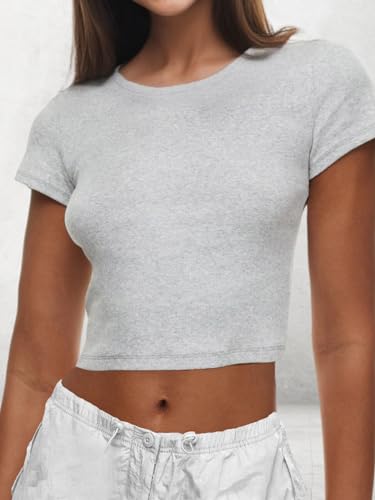AnotherChill Women's Short Sleeve Crew Neck T-Shirts Ribbed Cotton Crop Top Y2K Summer Going Out Tops Baby Tee Outfits 20242