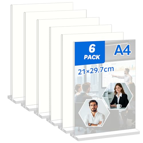 Libershine 6 Pezzi Espositore da Tavolo A4 Espositore Plexiglass a4 Porta Menù Acrilico Design a Forma di T Adatto per Pubblicità, Menu e Display Fotografici