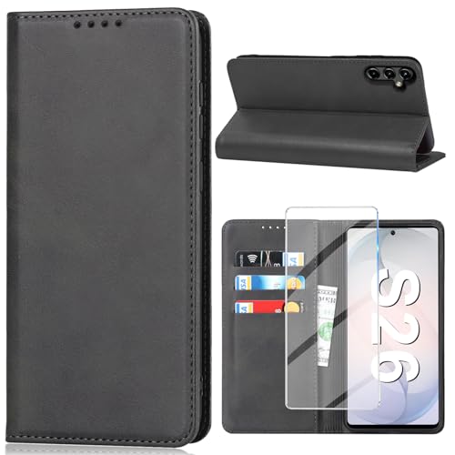 Vaki Handyhülle für Samsung Galaxy S26 Hülle mit Schutzfolie, Cover PU Leder Wallet Kartenfach Klapphülle, Schutzhülle für Samsung S26 Flip Case Coqu Tasche Handyschutz (Schwarz)