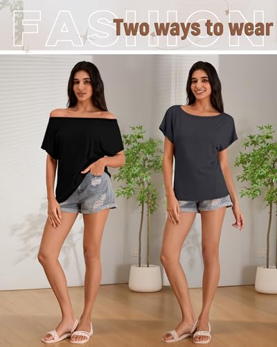 Huukeay 3 Pack Boat Neck Tops for Women, Short Sleeve Loose Cotton Shirts Causal Oversized Tunic Basic Tees Off The Shoulder2