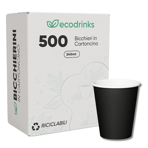 ecodrinks - 500 Bicchieri Carta Nero da 240ml - Per Acqua, Cocktail, Bevande Calde e Fredde - Biodegradabili, Eco-friendly e Made in Italy