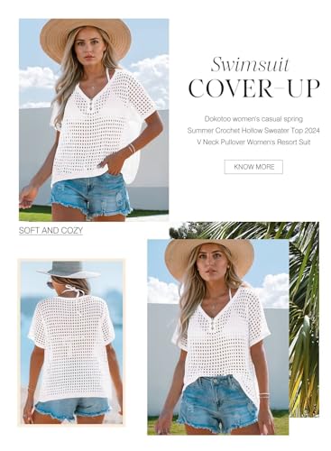 Image of Dokotoo Womens Summer V Neck Short Sleeve Button Down Sweater Casual Crochet Hollow Out Knit Tops Beach Coverup