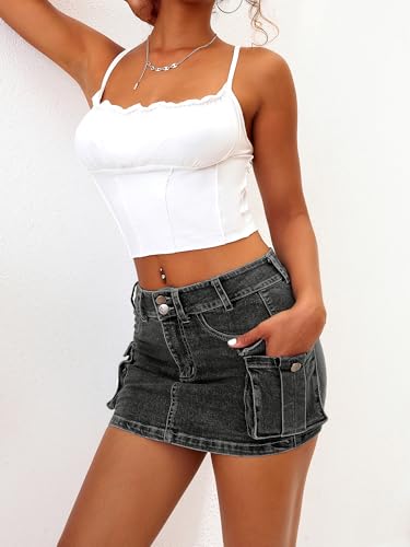 Image of ELLEVEN Low Rise Denim Mini Skirt for Women High Stretch Jean Skirts