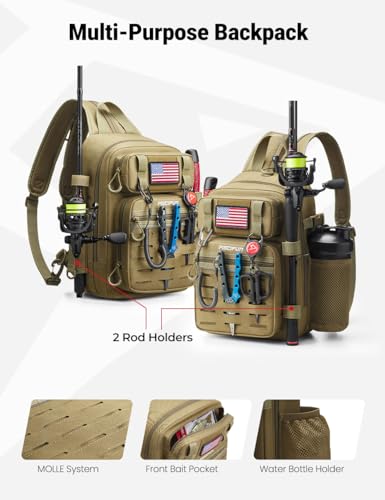Image of Piscifun Fishing Backpack Tackle Bag with 2 Rod Holders, Multi-Compartment Storage, MOLLE System, Water-Resistant Lightweight Outdoor Pack