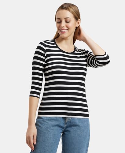 Image of Jockey 1360 Women's Super Combed Cotton Elastane Stretch Slim Fit Striped Round Neck Three Quarter Sleeve T-Shirt
