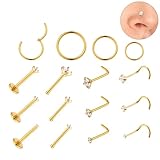 Josojoou 16 aros de nariz chapados en oro de 14 quilates, acero quirúrgico de 18 G/20 G, joyería en forma de L, sacacorchos, rectos, para fosa nasal, para mujeres y hombres