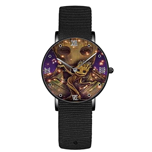 Groot Dancing and Smile Montre à quartz pour homme et femme Cadran en acier inoxydable Noir Bracelet en nylon, Noir , Sangle