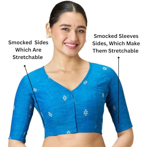 Image of Studio Shringaar Women's Handloom Cotton Stretchable (Smocked) Saree Blouse with Temple Zari Border