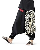 Boho Pants Elastic Ankle Harem for Men, Oversized Exercise Pajama Jogger Loose Boho Aladdin Pant, Fate Weaver Black-Beige, One Size