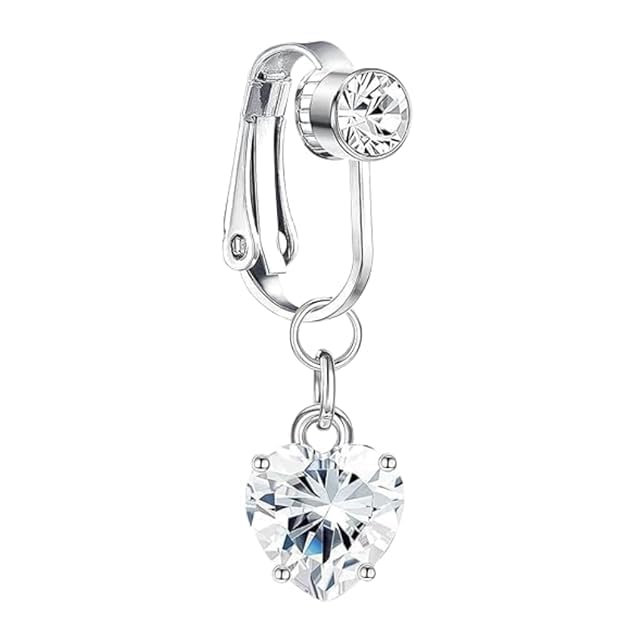 Fake Silver Belly Navel Clip || 316L Stainless Steel Heart Shaped Crystal Button || Surgical Clip for Women || CZ Dangle Rhinestone Belly Button || Clamp Piercing Jewellery-image-33