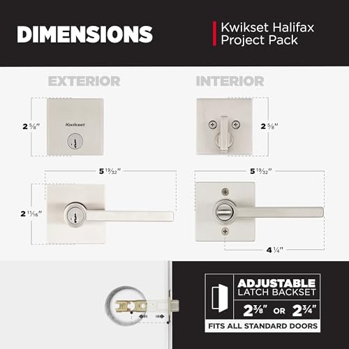Image of Kwikset Halifax Square Front Door Lock Handle and Deadbolt Set, Entry Exterior with Interior Reversible Lever, Satin Nickel, Project Pack, Pick Resistant SmartKey Rekey Deadbolt Security