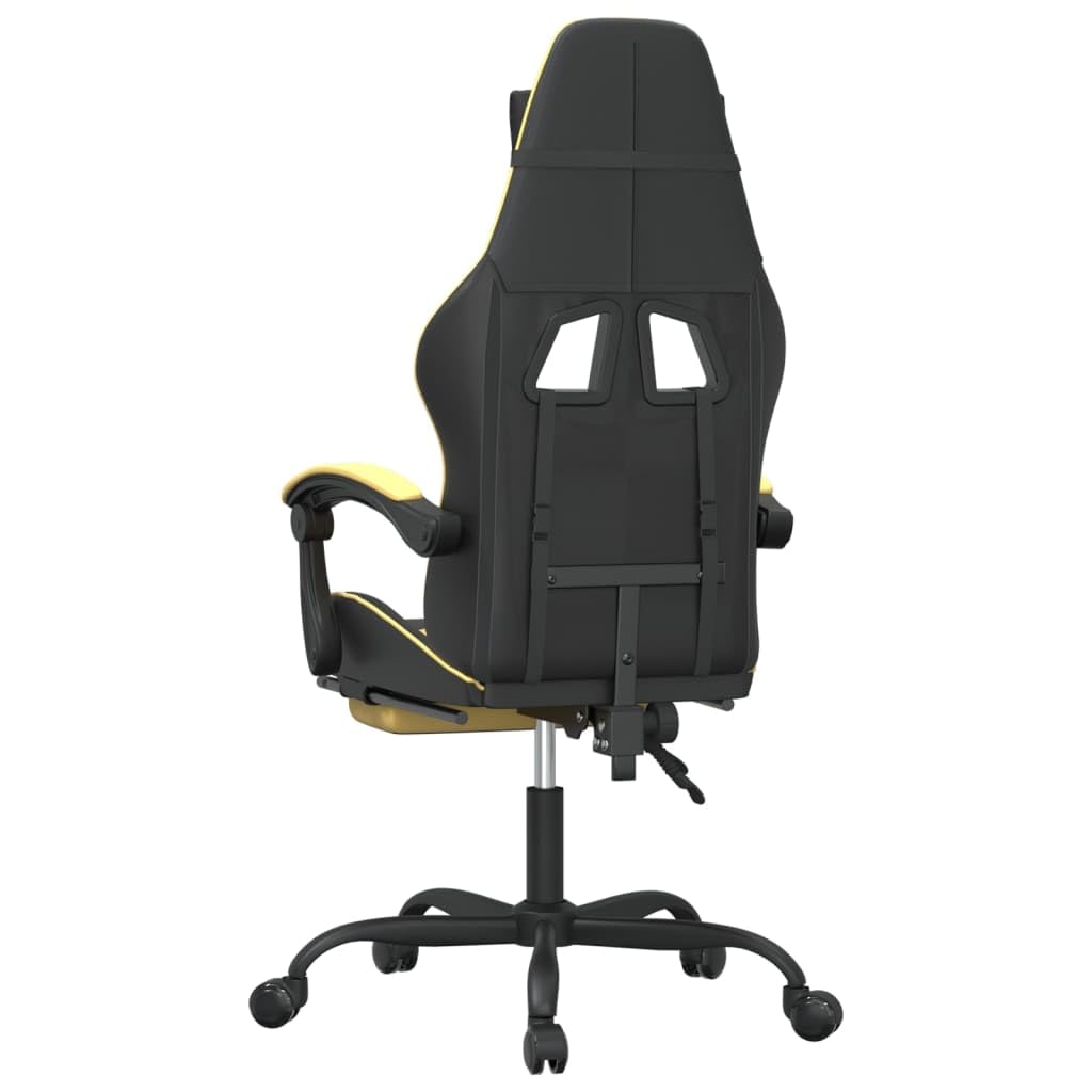 Drehbarer Gaming-Stuhl mit Fußstütze und Kissen aus Kunstleder in Schwarz & Golden, verstellbare Rückenlehne und Höhe, 360° drehbar, Robustes Metallgestell, max. 110 kg