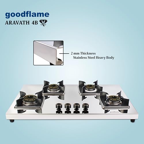 Image of goodflame Aravath 4 Burner Stainless Steel Gas Stove for Kitchen | Heavy 2MM SS Body | Brass Burners | 2 Year Warranty | ISI Certified | Manual Ignition | LPG Ready and PNG Compatible, (Silver)