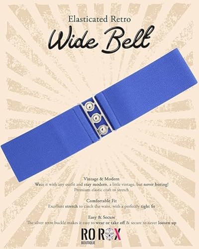 Ro Rox Cintura Donna Larga Elastica In Vita Stile Retrò Vintage – Cintura Stretch Per Abiti, Anni 50 – Fibbia Argento O Oro - Taglie 40-60 (Blu Reale, Small) - 3