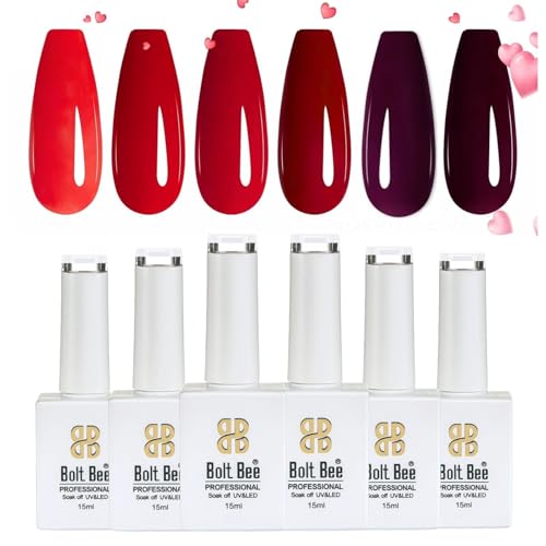 Image of Bolt Bee Gel Polish Kit, 6 Colors, Red Shades & Wine Shades | Light Soft Sakura White Nude Spring, Soak Off, Nail Art Design, Manicure Kit at Home