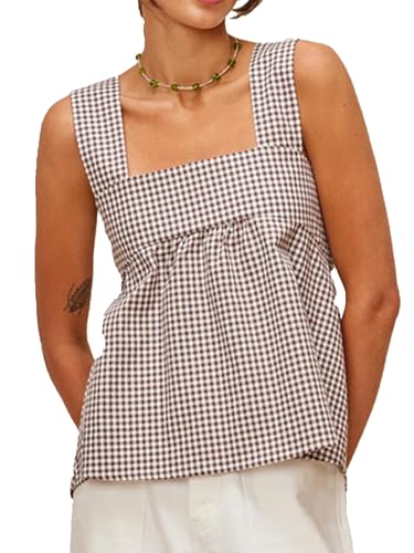 Amiblvowa Women Gingham Peplum Tank Square Neck Babydoll Tops Y2K Cute Bow Tie Back Sleeveless Vest Shirt Going Out Top2