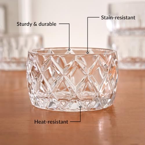 Image of Nestasia Small Glass Chutney Bowls Set of 6 (160ml Each) - Heat Resistant & Chip Resistant Ice Cream Bowls for Dips, Sauce & Pickles | Diamond Cut Transparent Katori with Gift Box - Ideal for Gifting