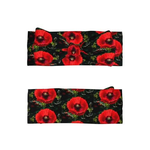 Beautiful Red Poppy Flower Pattern Baby Bow Headband - Super Stretchy Soft Bows Hair Accessories for Newborn Infant Toddlers Kids Girls - Elastic and Skin-Friendly2